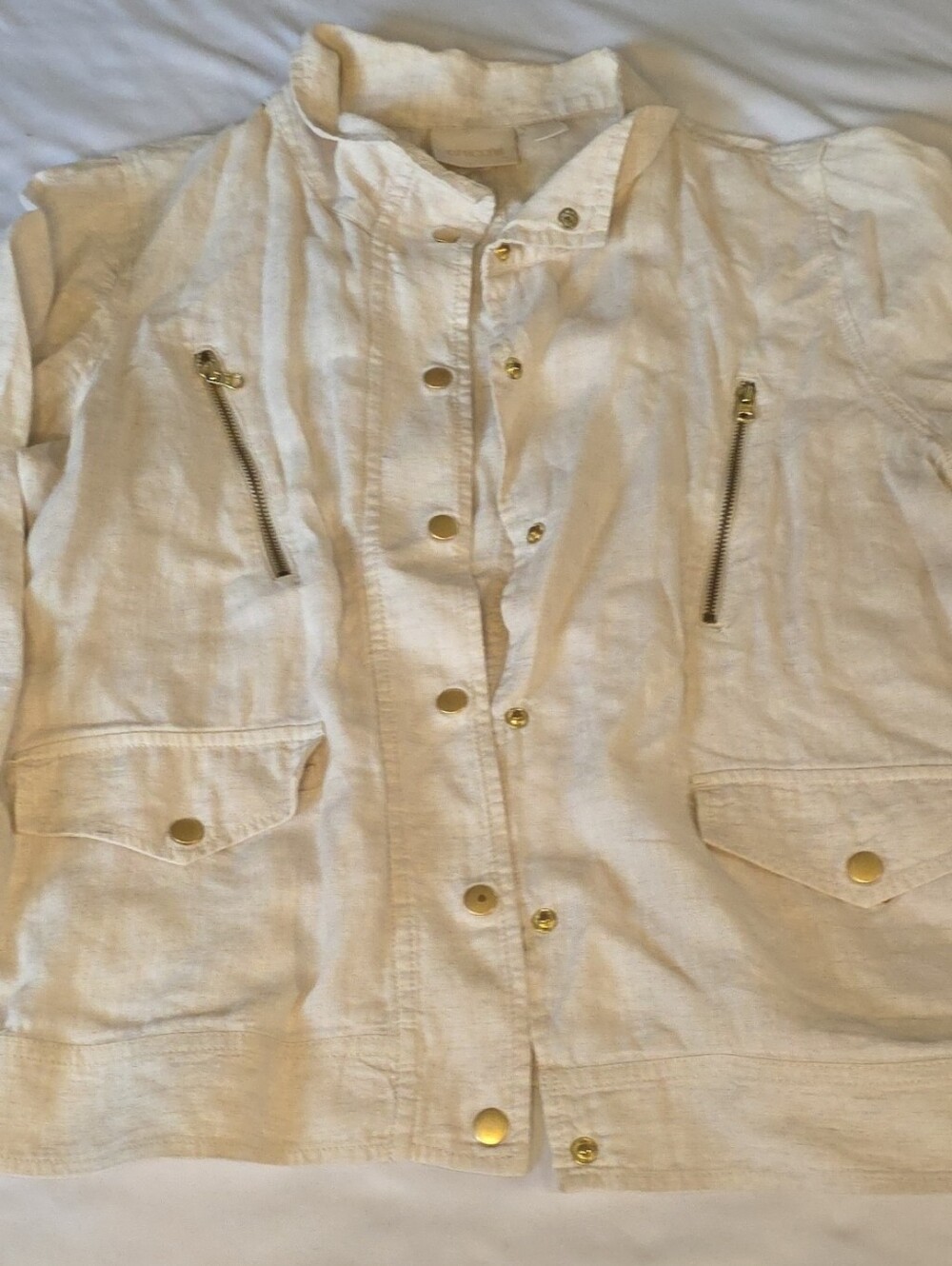 Chico's Linen Cream Utility Jacket with Gold Hardware